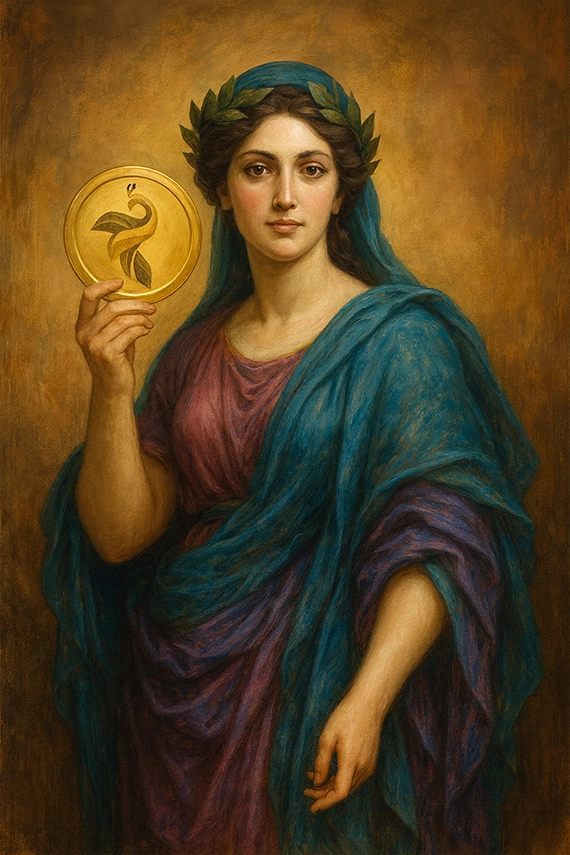 Goddess Moneta holding gold coin
